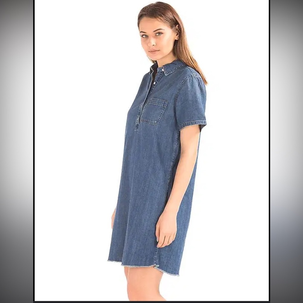 Gap 1969 Popover Denim Shirt Dress Womens Medium Tall Raw Hem Pockets